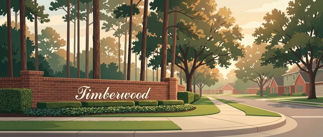 Illustration of the Timberwood entrance sign, a low brick wall under tall pines.